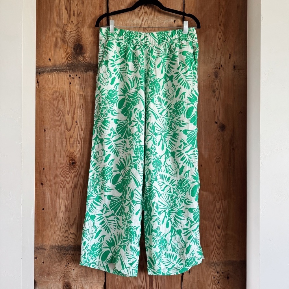 Sz M Nicole Miller 100% Linen Wide Leg Cropped Tropical Resort Pants EUC